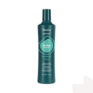 A 350ml bottle of Fanola Wonder No Red Extra Care Shampoo, featuring a dark teal-green bottle with a matching cap and a light teal-green label, set against a plain white background.