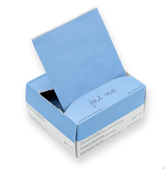 Blue foil paper packaging with 'foil me' text on a white background