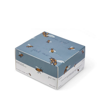 Box with bee illustrations on a blue and white background