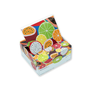 Colorful fruit-themed box on a white background