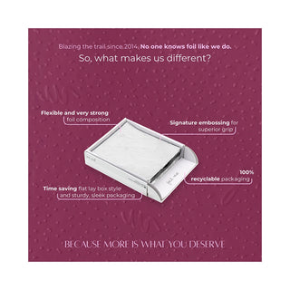 A square promotional graphic on a deep magenta background showing a silver foil mailer box with white insert material. White text labels highlight features such as flexible and strong foil composition, signature embossing for superior grip, time-saving flat lay box style, and 100% recyclable packaging.