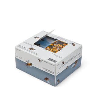 Product packaging box with bee illustrations on a white background