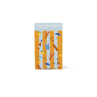 Foxy Blondes product packaging with summer-themed illustrations on a white background