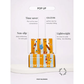 Foxy Blondes hair product packaging with text highlighting features on a white background