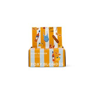 Foxy Blondes product packaging with summer-themed design on a white background