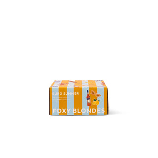 Foxy Blondes product packaging with orange and white striped design on a white background