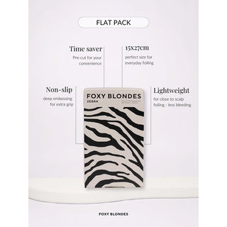 Foxy Blondes zebra pattern flat pack with product details on a white background