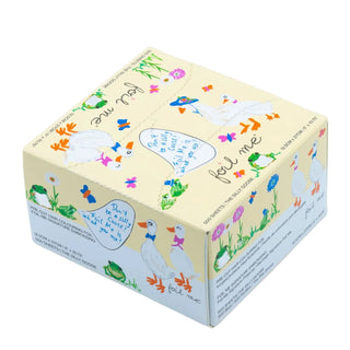A square gift box for 'Foil Me foil featuring a whimsical illustration of white ducks, colorful flowers, and handwritten text on a pale yellow and light blue background.