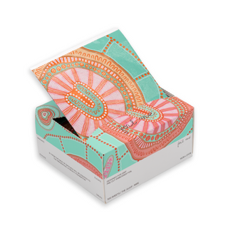 Box of tissues with a colorful mandala design on a white background