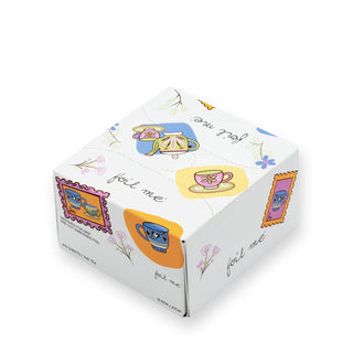 Box of tea bags with colorful illustrations on a white background