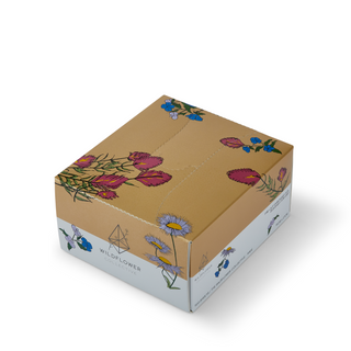 Cardboard box with floral designs on a white background