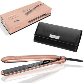 Rose gold hair straightener with packaging and case on a white background
