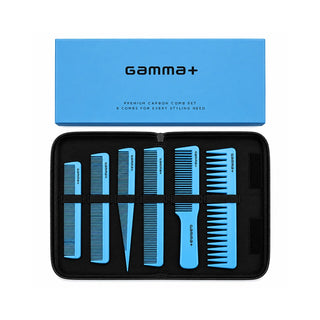 A Gamma+ premium comb set displayed in an open black zip case, with the blue branded lid placed above. The set includes multiple light blue combs in different sizes and shapes, arranged in a black comb case.