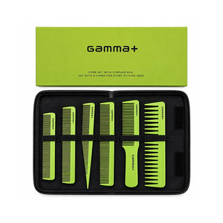 A Gamma+ hair styling comb set displayed open in a black zip case, with the matching lime green storage box above it on a white background.