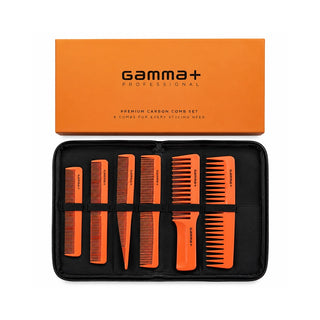 An open black zip case displaying an orange professional comb set with six different combs, positioned below its matching orange branded box on a white background.