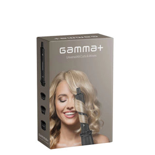 Gamma+ hair styling product packaging with a woman's face and hair on a beige background