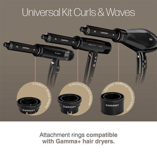Gamma+ hair dryer attachments for curls and waves on a beige background