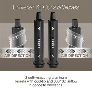 Three black hair styling tools with 'gamma+' branding on a gray background.