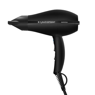 Black hair dryer labeled 'X-hybrid compact' on a white background