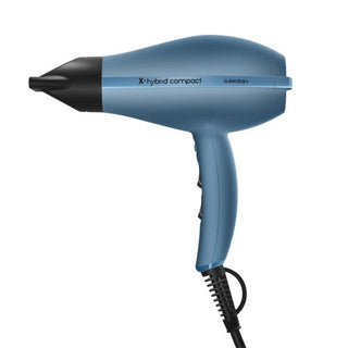 Blue hair dryer with black nozzle on a white background