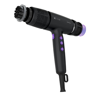 Black hair dryer with attachments on a white background