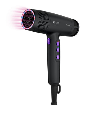 Black hair dryer with Xceed branding on a white background