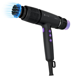 Black hair dryer with attachments on a white background