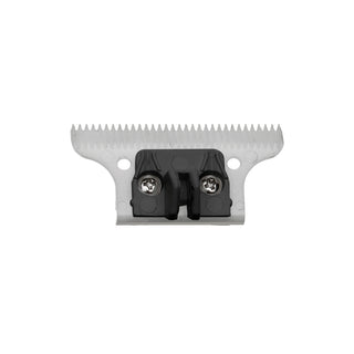 A metal hair clipper blade with a black plastic guard, featuring two adjustable screws, shown against a plain white background.