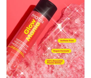Matrix Glow Mania hair product bottle with red background