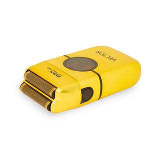 Yellow electric shaver with 'Victor' branding on a white background