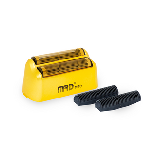 Yellow electric shaver with black refills on a white background