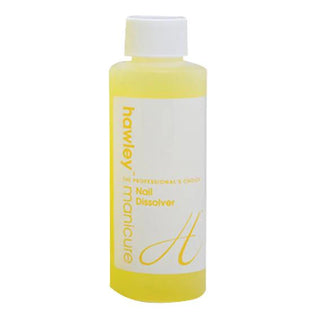 A bottle of Hawley Manicure Nail Dissolver with a white cap and a white label featuring yellow text and logo, containing a yellow liquid, set against a plain white background.