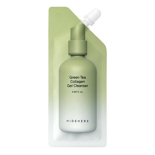 Green tea collagen gel cleanser bottle with pump on a white background