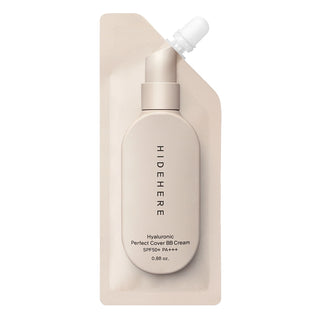 Beige skincare bottle with dropper labeled 'HIDEHERE' on a white background