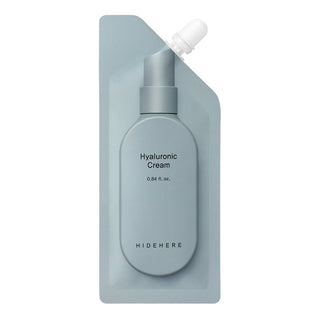 Hyaluronic cream bottle with pump in a light blue pouch on a white background
