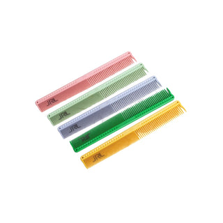 Four JRL hair combs in pink, mint green, lavender, and yellow, arranged diagonally on a solid white background.