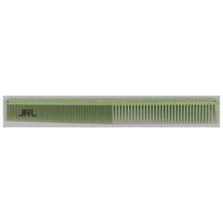 Green comb with a white handle on a white background