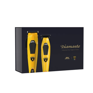 Yellow hair clipper and trimmer set in black packaging with 'Diamante' branding.