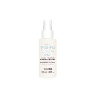 Juice Gloss Finishing Serum in a 100ml white bottle with a white spray pump, featuring light blue and black text on a clean white background.