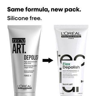 Two tubes of L'Oreal hair product with text indicating 'Same formula, new pack' and 'Silicone free'.