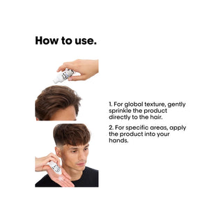 Instructions on how to use a hair product with text and images of a person applying it.