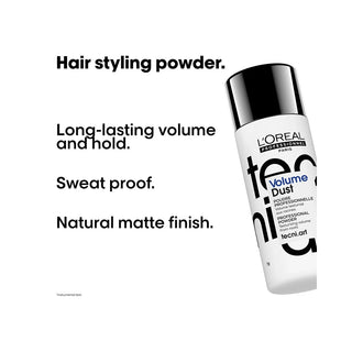 L'Oreal hair styling powder bottle with product features on a white background