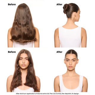Before and after comparison of hair styling with a woman wearing a white tank top.
