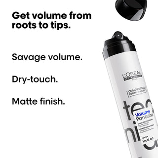 L'Oreal Professionnel tecni.issimo Volume Panache spray bottle with text highlighting product features on a white background.