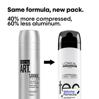 Two hair product bottles with text highlighting compressed packaging and aluminum reduction.