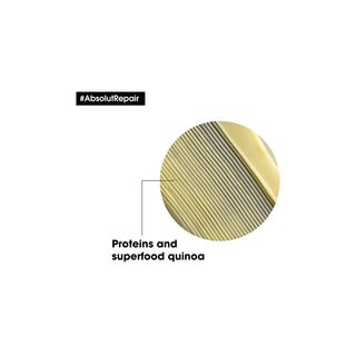Close-up of a product with 'AbsolutRepair' text and 'Proteins and superfood quinoa' label on a white background.