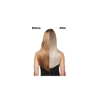 Before and after comparison of a woman's hair color change on a white background.