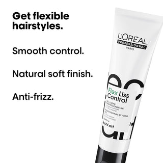 L'Oreal Professionnel Flex Liss Control hair product with text highlighting features on a white background