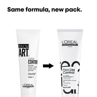 Two tubes of L'Oreal Professionnel Tecni.Art Flex Liss Control gel-cream with text 'Same formula, new pack.'