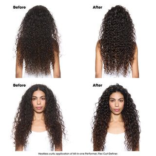 Before and after comparison of a woman's hair with curly extensions on a white background.